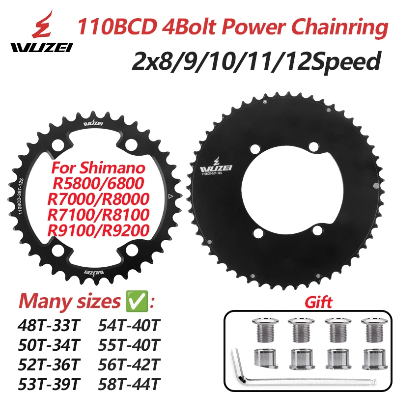 WUZEI 110BCD 34/50T 39/53T 36/52T 4-Klauen-Rennrad-Doppelkettenblatt für Shimano R6800/R7000/R8000/R9100 2x11/12S Kettenrad