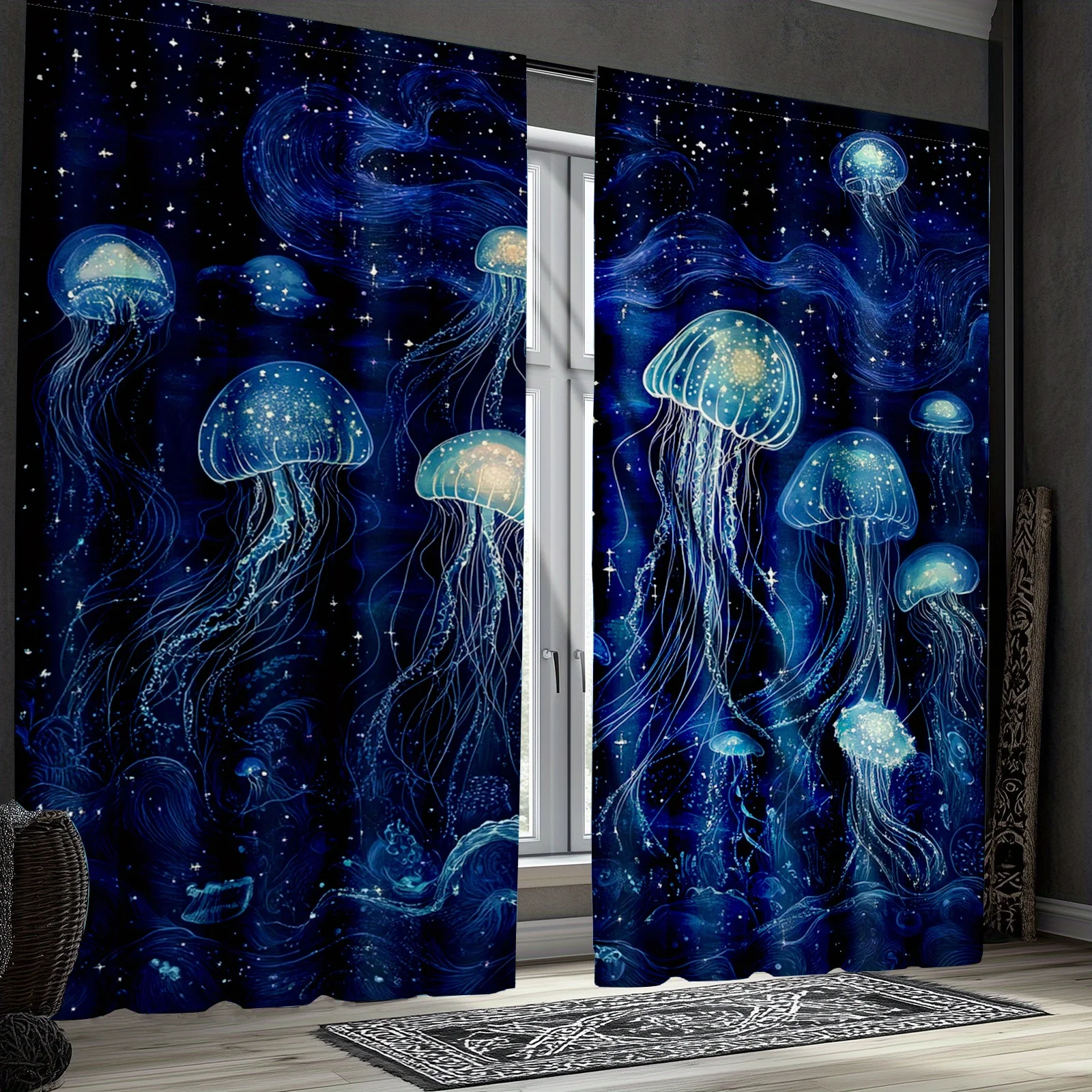 Galaxy Jellyfish Curtains Blue Ocean Theme Drapes Waterproof Window Coverings Curtain Pair Night Space Under Sea Decorative