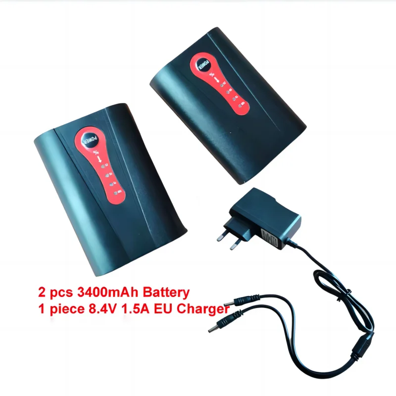 

3400mAh 7.4V 8.4V heated clothing lithium battery for heated gloves, shoulder straps, EU US charger DC3.5 dual plug