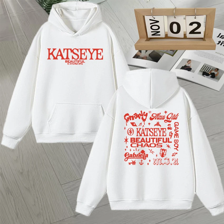 Fashion Retro Katseye Beautiful Chaos Tracklist Double Sided Print Hoodie Long sleeve Men Women Autumn Winter vintage Sweatshirt