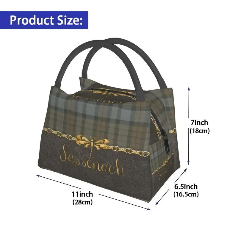 Leather And Tartan Sassenach Pattern Insulated Lunch Bag for Women Resuable Dragonfly Outlander Cooler Thermal Lunch Box