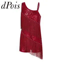 Kids Girls Tassels Latin Dance Leotard Dress Shiny Sequins Fringed Bodysuit for Chacha Rumba Tango Stage Perfomance Dancewear