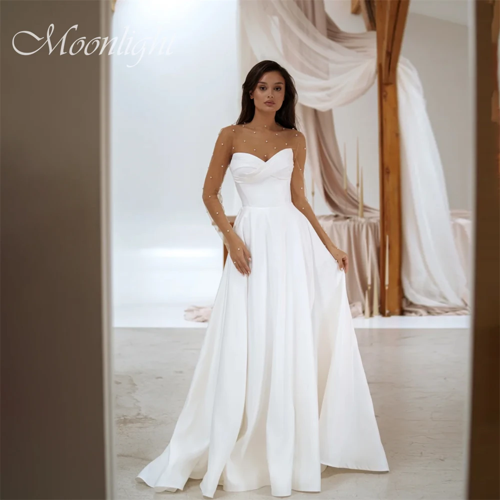 

Простое свадебное платье трапециевидной формы со складками и жемчугом, v-образным вырезом, 2026, женское свадебное платье с открытой спиной и пуговицами со шлейфом, Vestidos De Novia по индивидуальному заказу