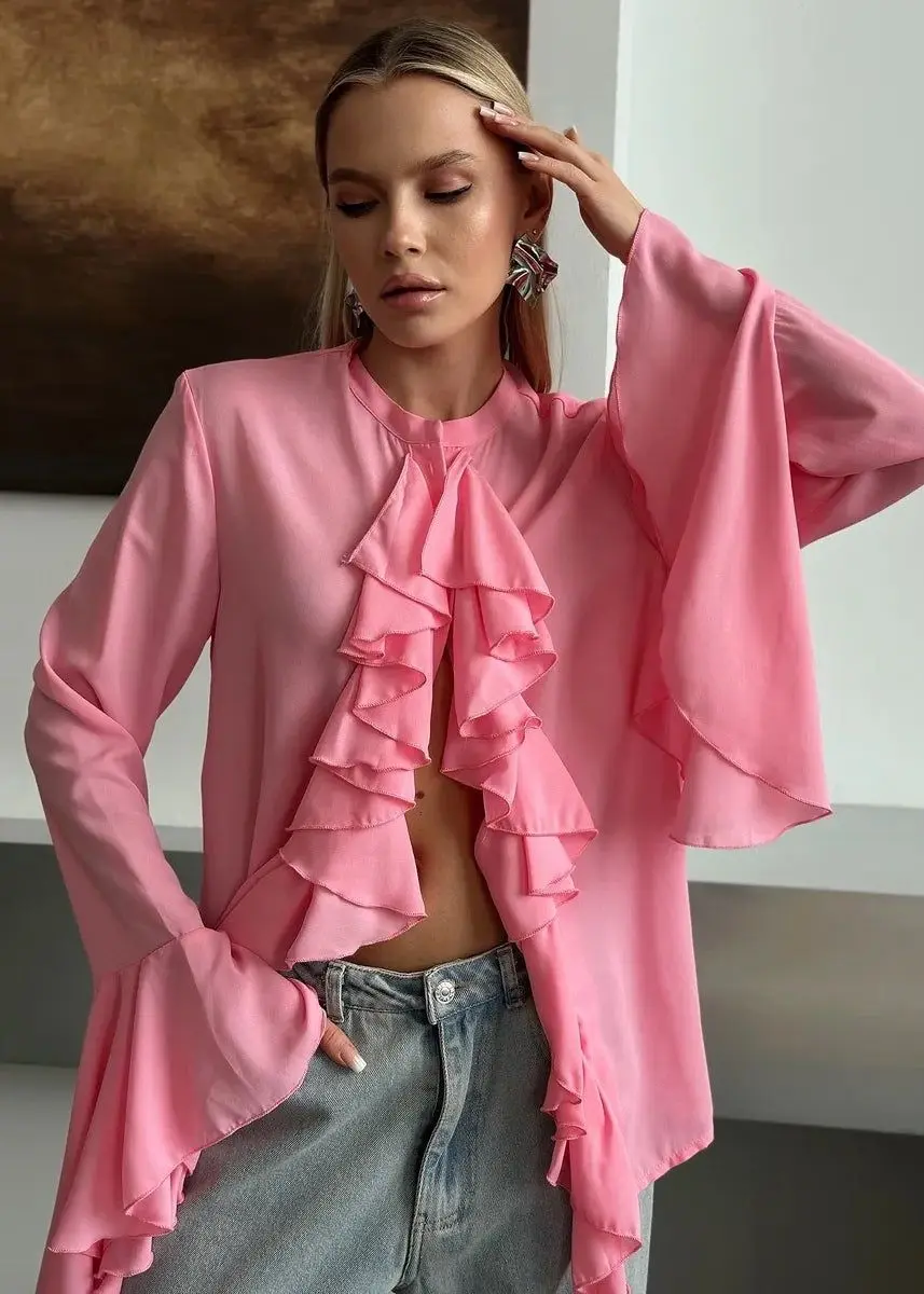 

WXOY Women Sheer Chiffon Top Ruffle Blouse Long Flare Sleeve Elegant Romantic Top Chic Daily City Outing Fashion Statement Shirt