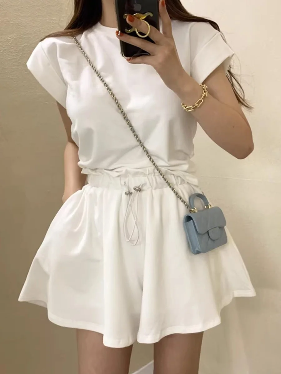 South Korea Chic Summer  Temperament Back Slit Strap Short Sleeve T-shirt Top + Drawstring Wide Leg Shorts Two-piece Set