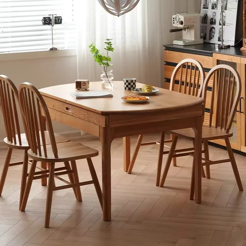 Nordic cherry wood solid wood stretch dining table small apartment folding telescopic round table dining table household square