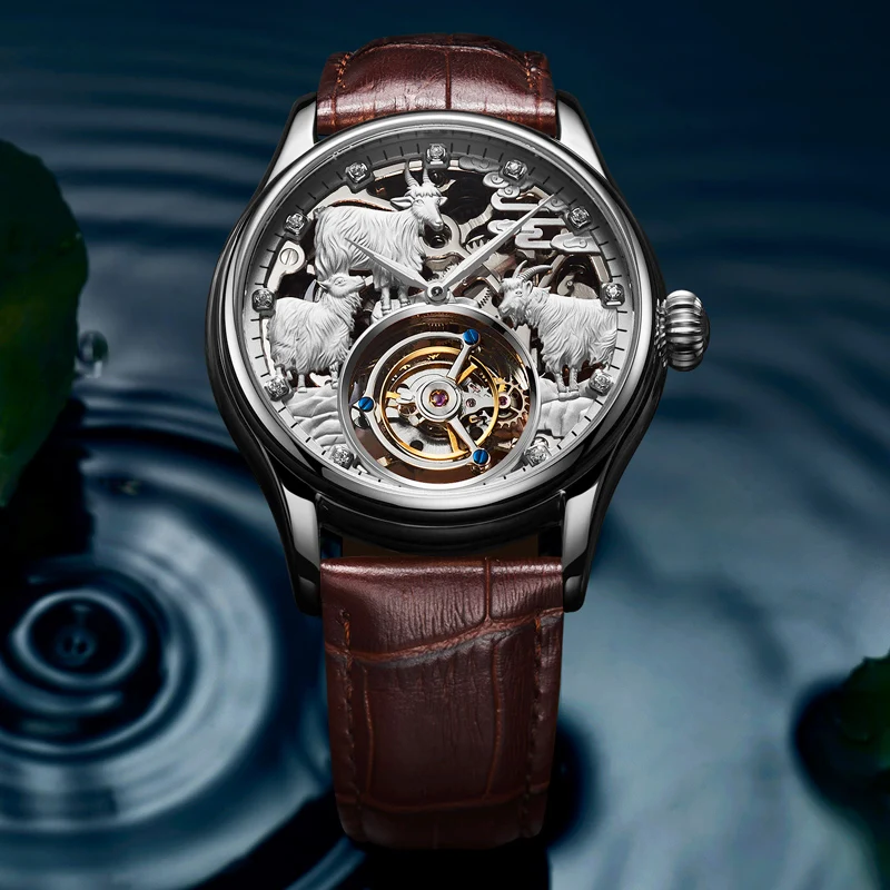 Aesop 7008 jam tangan mekanis pria Tourbillon Manual dengan pergerakan berongga kulit baja tahan karat Sanyang Kaitai safir 2024