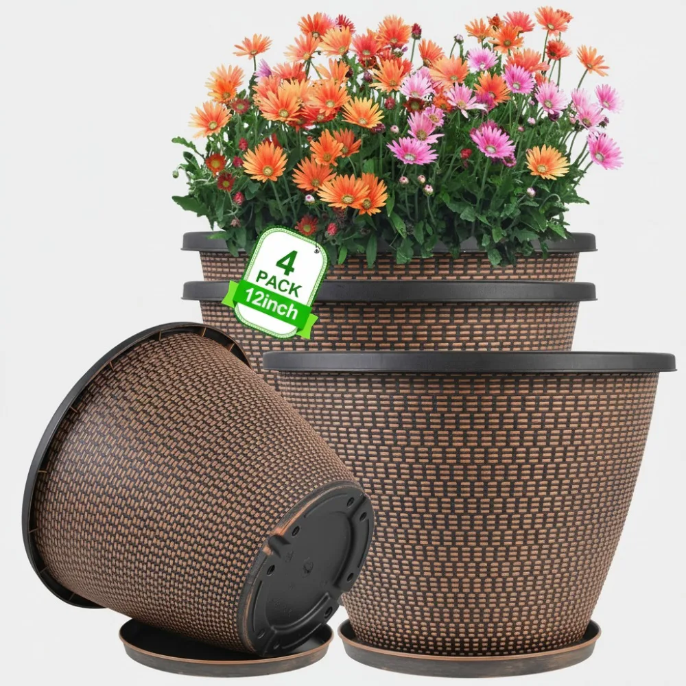 

12-дюймовые горшки для растений, упаковка из 4 предметов с дренажными отверстиями и блюдцами, большие пластиковые цветочные горшки для декора сада в помещении и на открытом воздухе