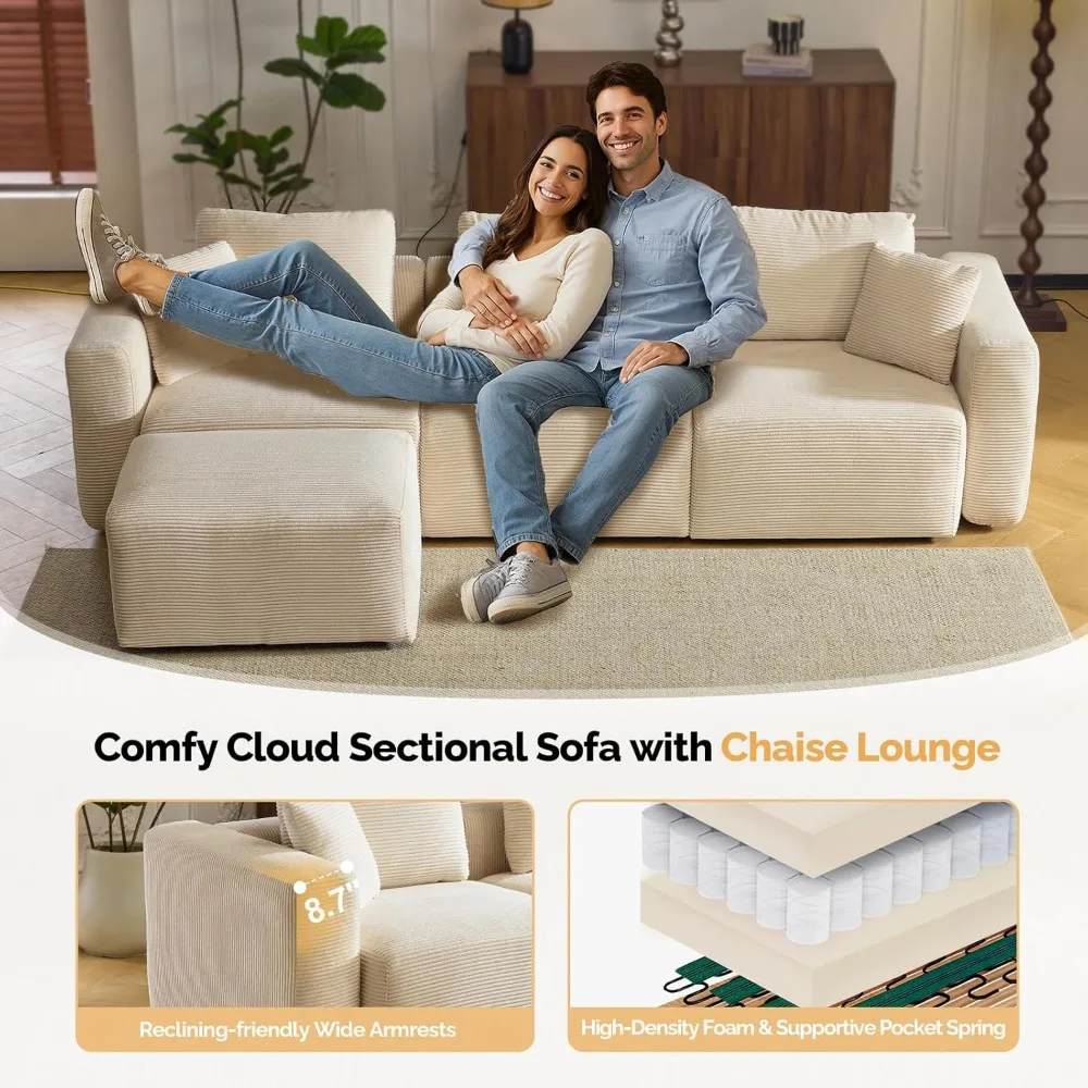 Трансформируемый вельветовый секционный диван с подвижным пуфиком, L-образный диван для гостиной, идеально подходит для удобного сидения.