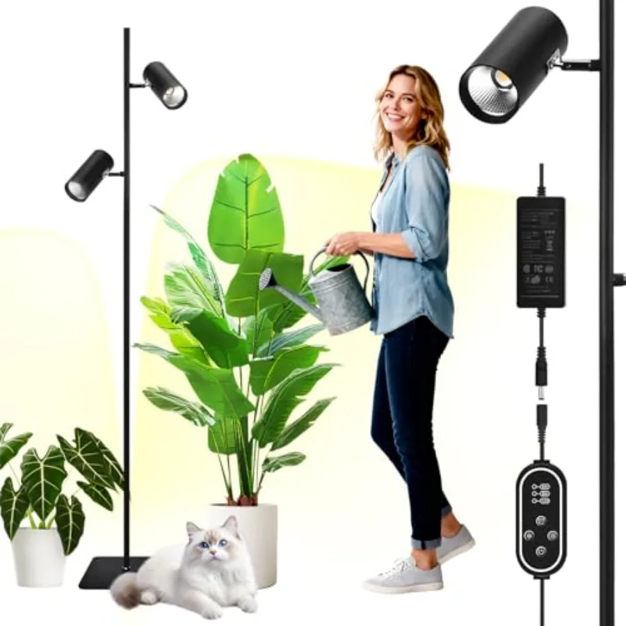 60W Dimmable Grow Light, Full Spectrum COB LED Dual-Head Floor Plant Lamp with High PPFDCRI, 6/8/12H Timer, Adjustable Height 3