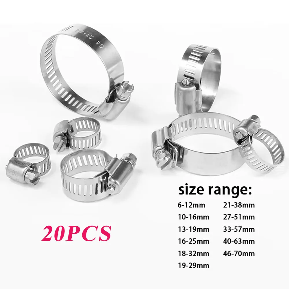Hose Clamp, 20 pcs Stainless Steel Adjustable 6-70mm Size Range Worm Gear Fuel Line Clamp for Plumbing, Mechanical Application