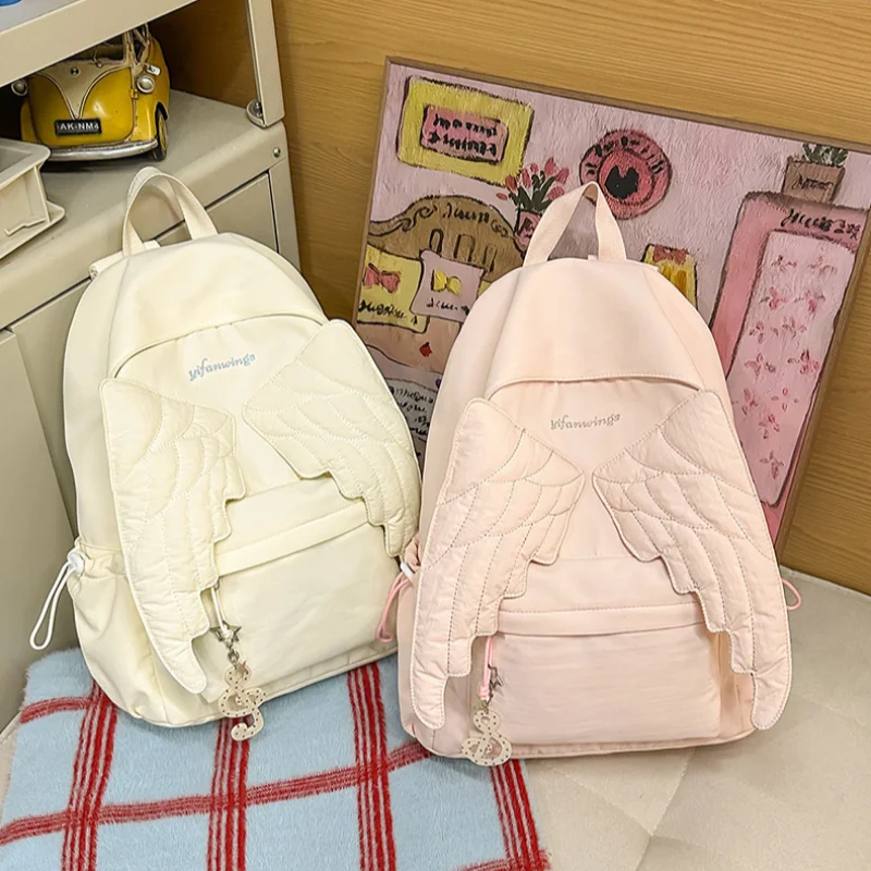 Stylish Angel Wing Backpack Sweet School Bag Simple Nylon Lightweight Maxi Travel Bag Korean Zipper Shoulder Bag Casual Tote Bag