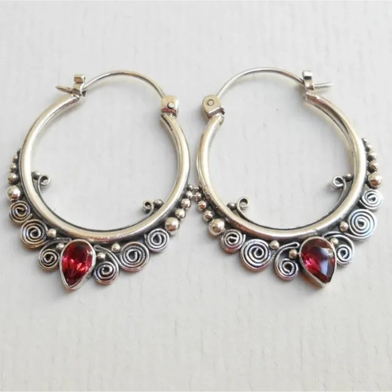 Pendientes de plata de aguja para mujer, aretes de aro de piedra roja, bohemios, joyería de fiesta de compromiso, 925