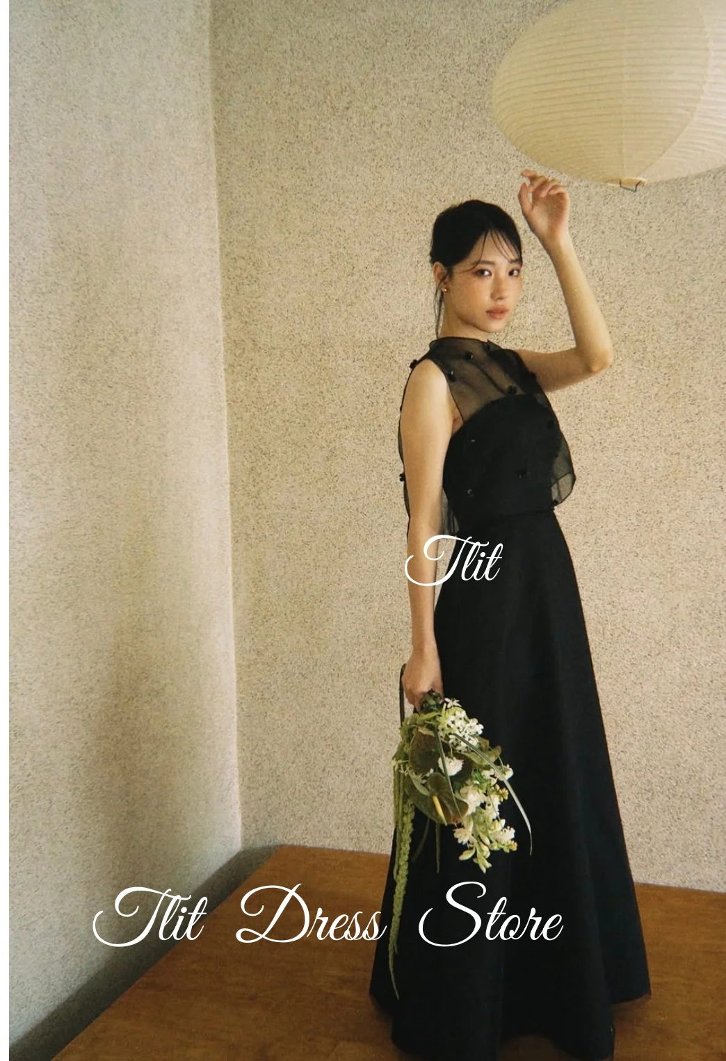 TLIT – robe de soirée élégante en Satin Organza noir, robe de mariée coréenne, séance Photo, col rond, sans manches, robes de bal personnalisées