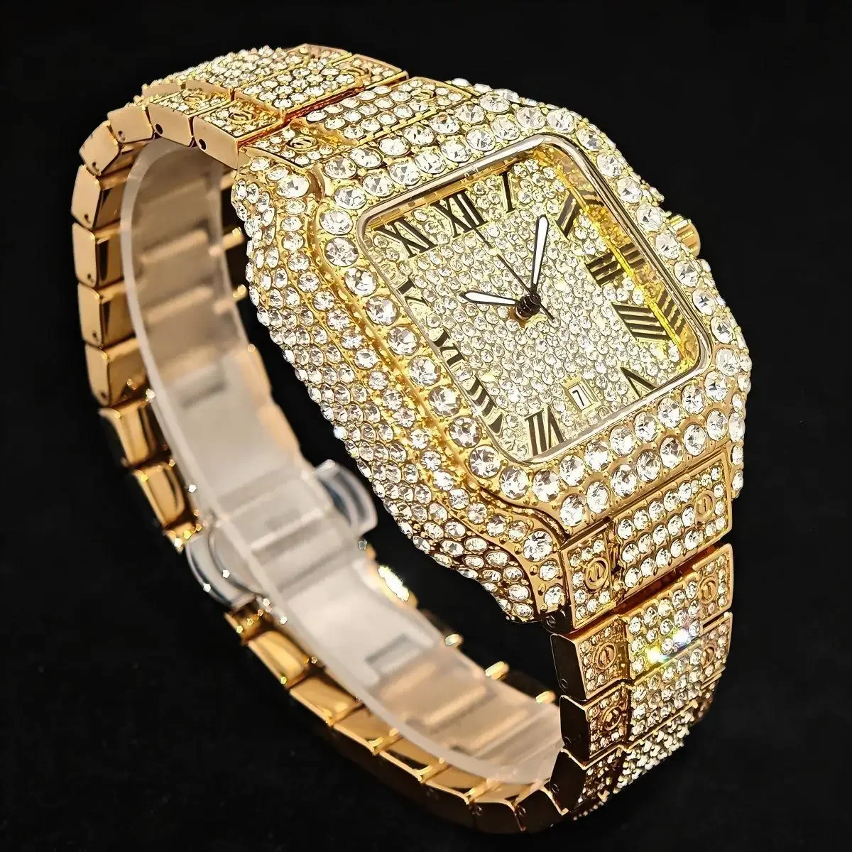 UNIGUET Black Diamond Watch For Man Fashion Roman literal Square Watch Hip Hop Full Iced Jewelry Wrist Watch Men Dropshipping