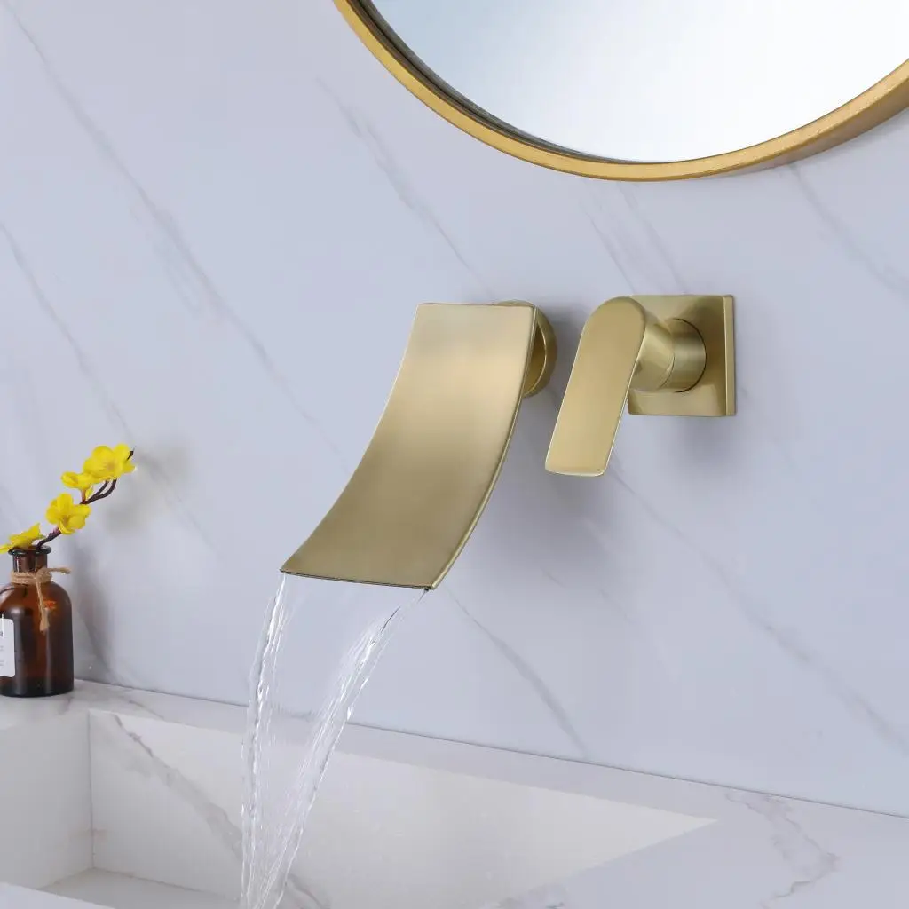 Brushed Gold Brass Bathroom sink faucet High Quality Luxury Hot Cold Watefall  Wash basin tap Gold Wall Mounted Lavabo faucet