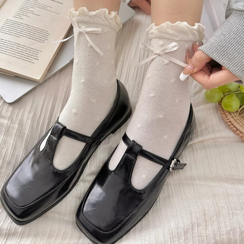 

Lolita Ruffle Socks Kawaii Bow JK Sweet Girls Polka Dot Middle Tube Socks Women Summer Cotton Thin Breathable Elastic Long Socks