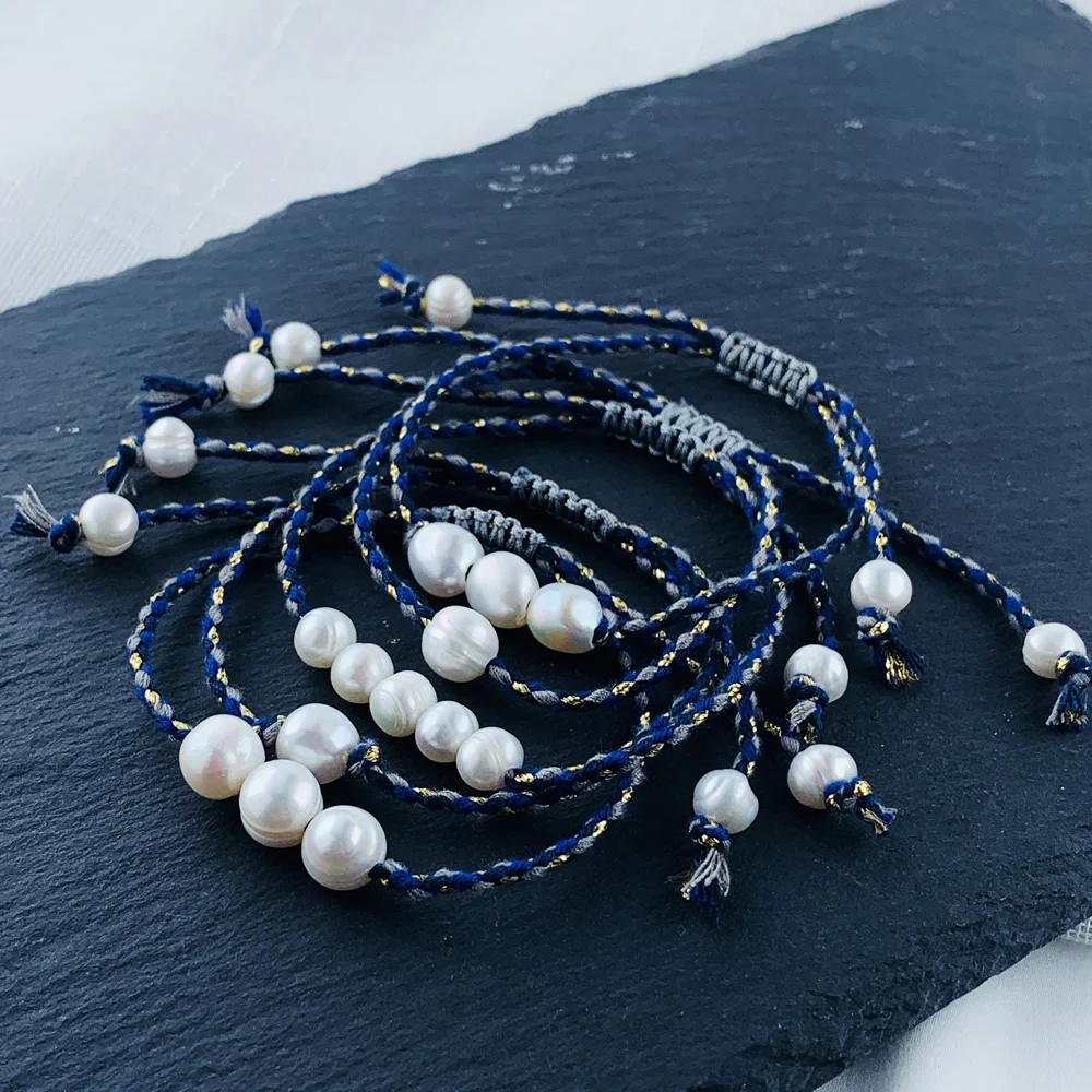 Natural Baroque Pearl Charm Bracelets for Women Dark Blue Rope Chain Adjustable Irregular Potato Pearl Friendship Bracelets Boho
