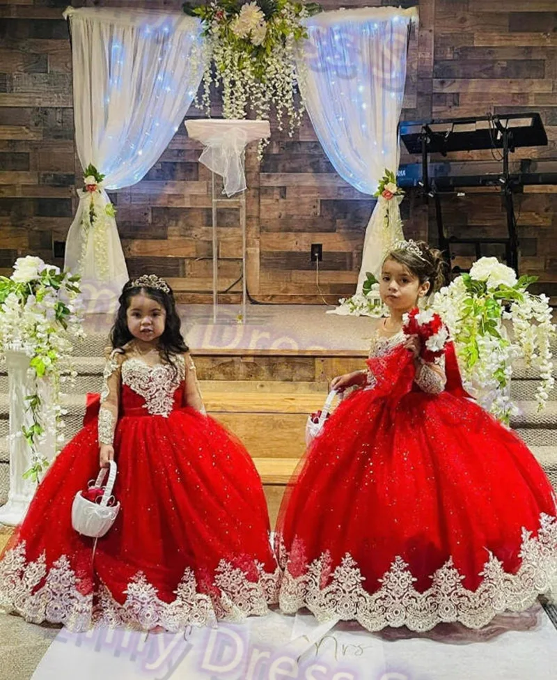 

Красное платье с цветочным узором для девочек по индивидуальному заказу на свадьбу, кружевное блестящее пышное платье принцессы с аппликацией для маленьких детей, платье для первого причастия на день рождения