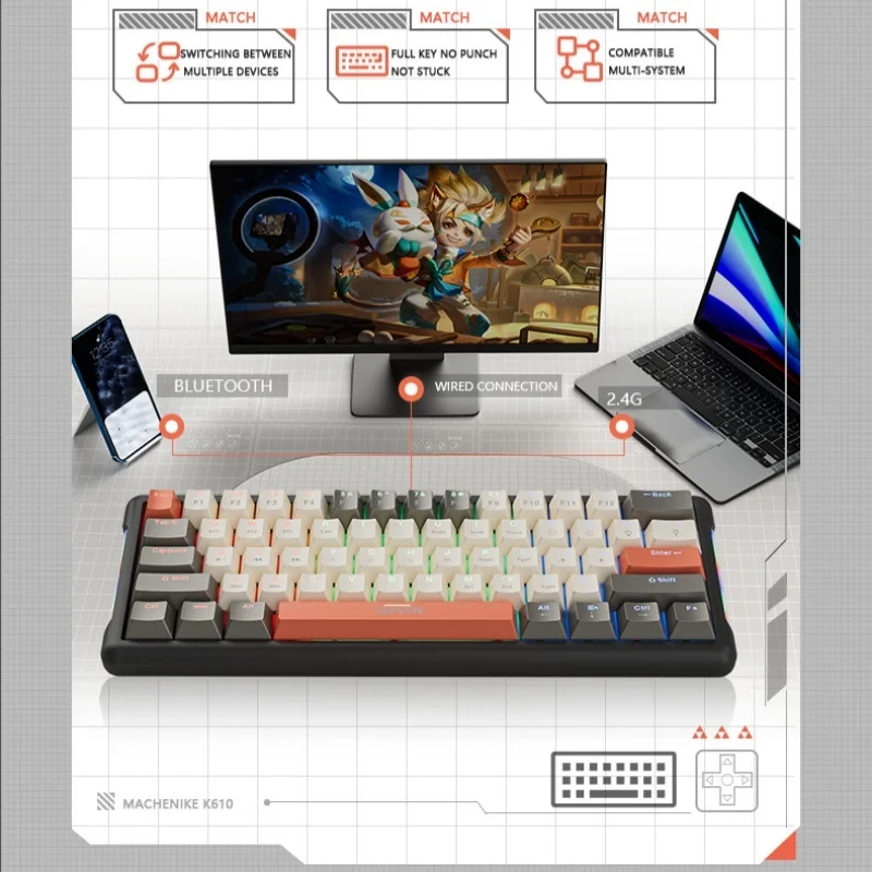 Leaven K610 61-Key Wireless Bluetooth 3-Mode Mechanical Keyboard Wired Full Key Hot-Swappable Russian Keyboard Is Waterproof