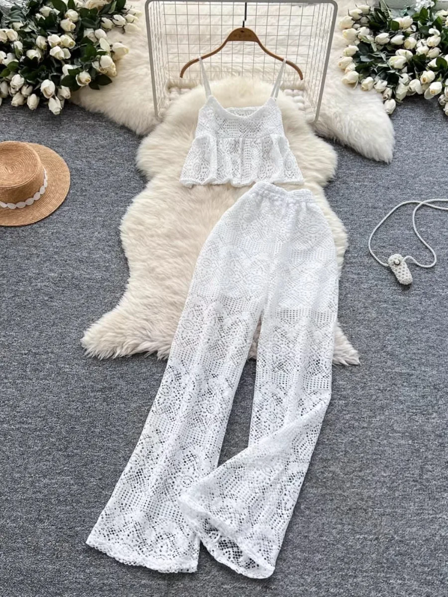 

Foamlina Gentle Sweet Vacation Set Womens Summer Hollow Crochet Halter Top High Waist Wide Leg Pants Perfect for Relaxed Getaway