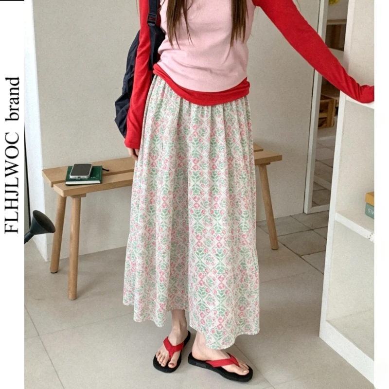Women's Sweet Floral Print Midi Skirt High Waist A Line Casual Gentle Bohemian Country Japan Style Holiday Date Skirt for Summer