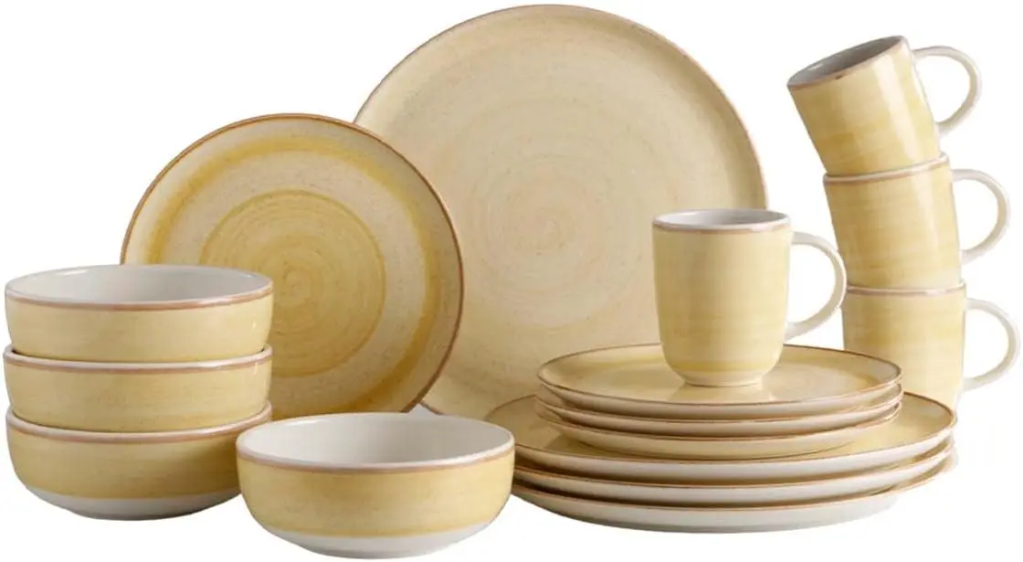 

16 -piece Yellow Hand-painted Vintage Style Ceramic Dinnerware Sets, Plates, Bowls and Mugs, Service For 4, Mustard Caoba