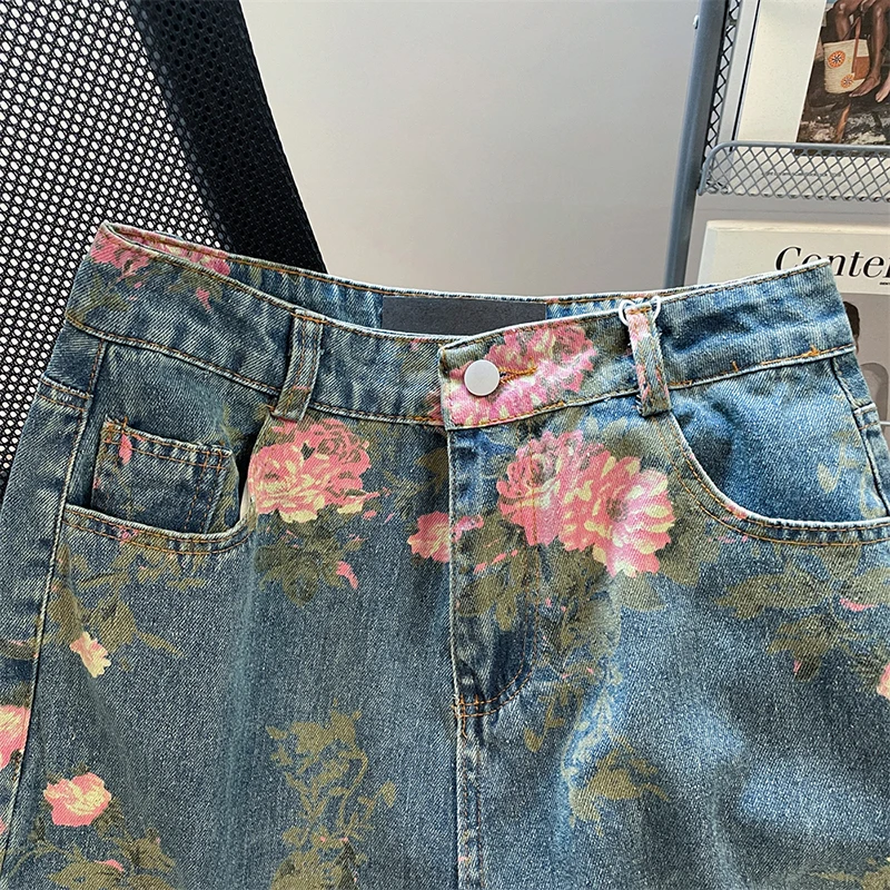 Retro Rose Flowers Print Jeans for Women American Style Oversize High Waist Wide Leg Denim Pants Casual Loose Straight Jeans
