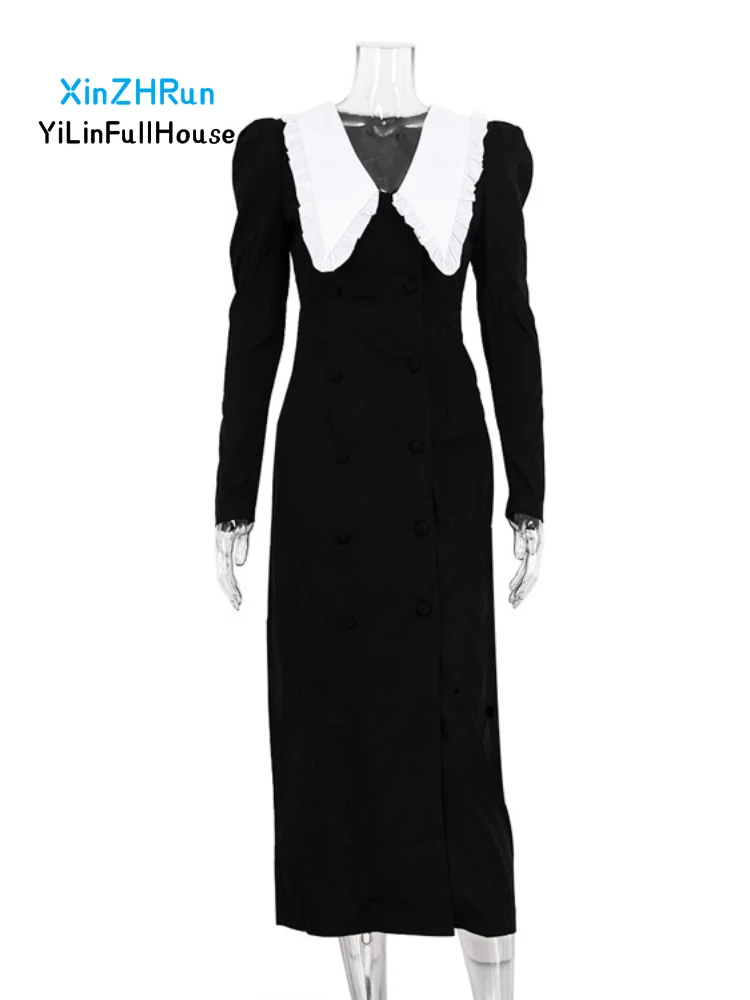 Spring New Women Black White Contrast Doll Neck Ruffle Edge Front Split Double Breasted Fashion Slim Fit Sexy Long Sleeved Dress