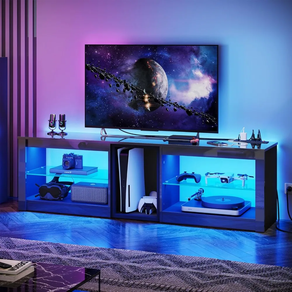 Bestier High Gloss TV Stand for 70 inch TV with Power Outlets, LED Entertainment Center for PS5, Gaming TV Consoles with Glass