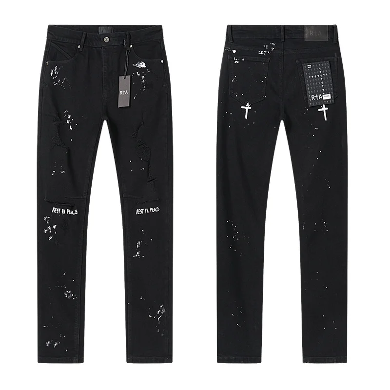 

Мужские американские популярные джинсы High Street Slim Fit Splash Ink Graffiti, черные джинсовые брюки, уличная одежда