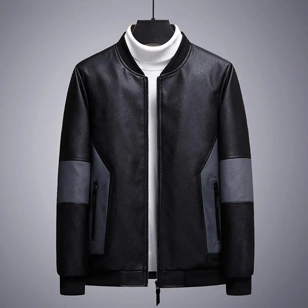 Men Autumn Winter Jacket Stand Collar Faux Leather Men Coat Windproof Pockets Elastic Cuff Motorcycle Baseball Coat