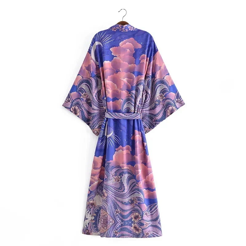 Boho Queens Women Star and Moon Floral Print Bat Sleeve Beach Bohemian Kimono Dresses Robe Ladies Summer Bikini Cover-ups