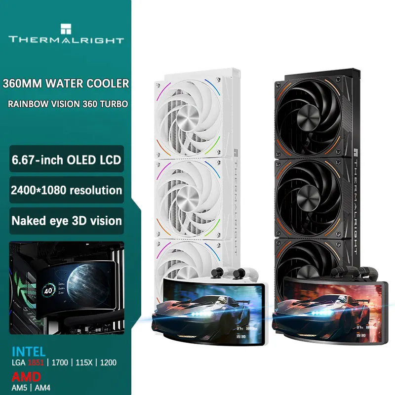 

Thermalright RAINBOW VISION 360 TURBO Универсальный 360 мм Водяное охлаждение 6,67-дюймовый OLED-экран Обнаженный глаз Поддержка 3D-видения LGA1851