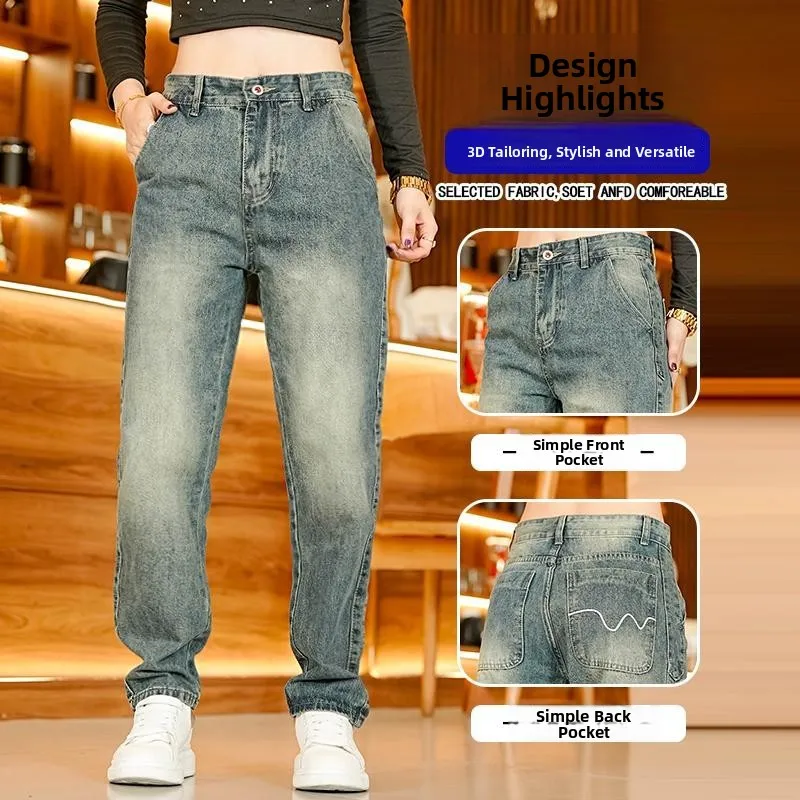 

Осенне-зимние утепленные джинсы прямого кроя на флисовой подкладке, ретро-стиль, свободный крой, повседневные, без стрейча, слегка расклешенные, из денима