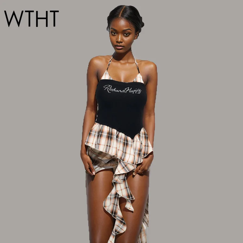 

WTHT Trendy Women's Patchwork Plaid Fake Two-piece Halter Vest 2025 Summer Fashion Sleeveless Backless Tank Tops Female 1LS1653