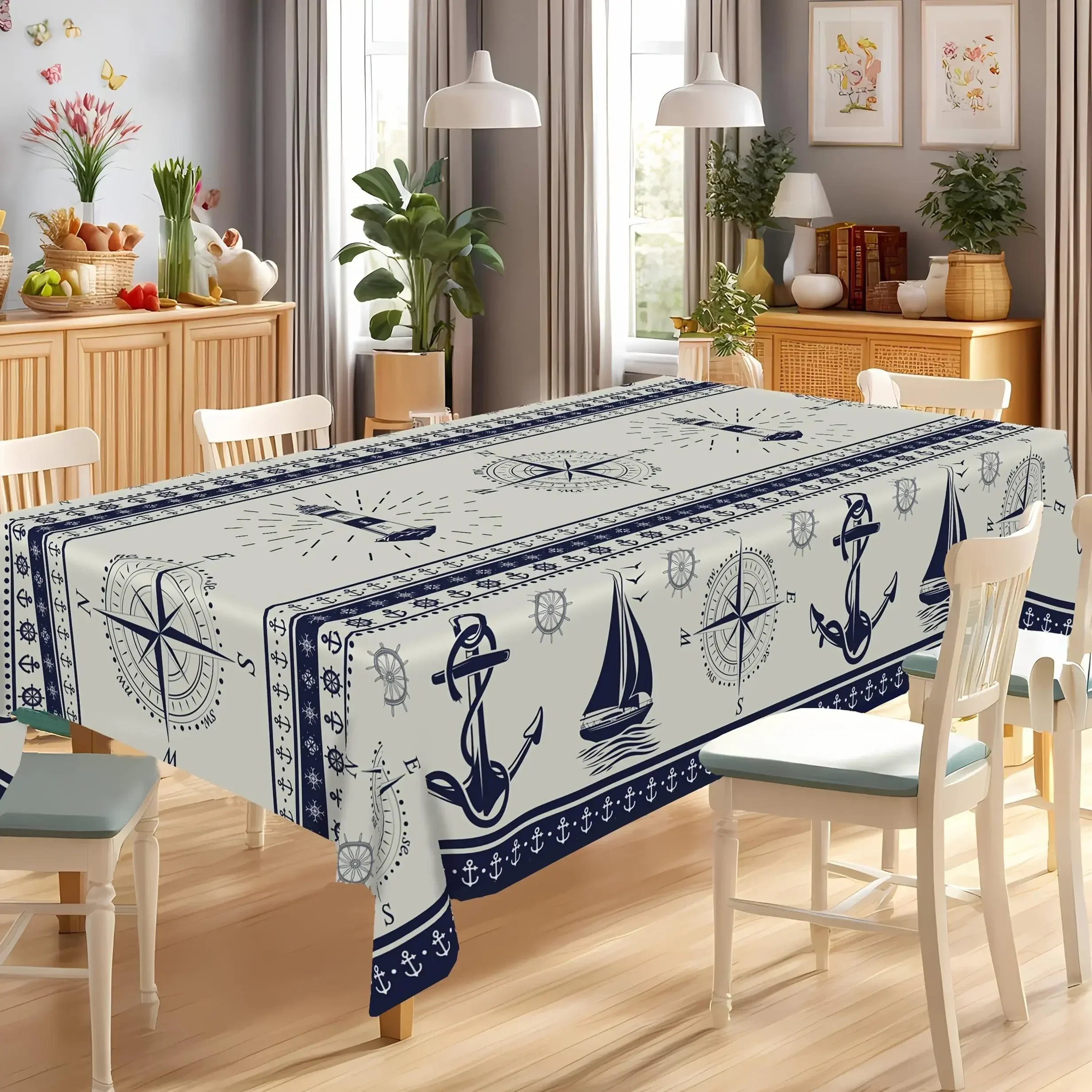 Sailing Style Tablecloth - Suitable for both kitchen and dining room - Navy blue anchor and compass pattern rectangular tableyzb