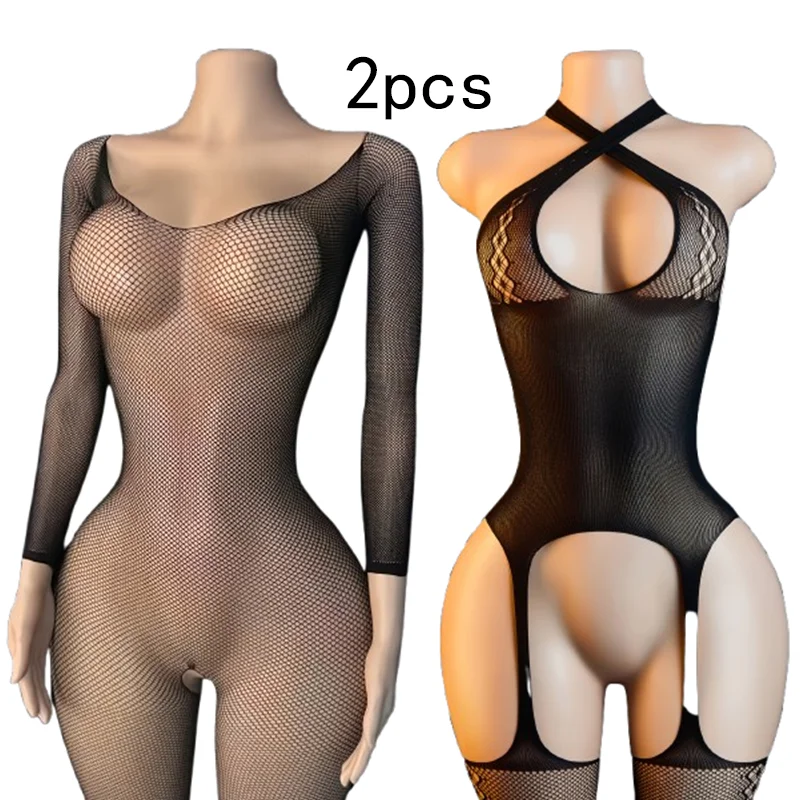 2-Pack Lace Mesh Bodysuit – Long-Sleeve Sheer Stretchy Fishnet Style; Stylish Women's Apparel for Dates and Special Occasions
