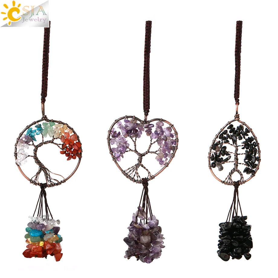 CSJA Natural Crystal Stone Keychain Tree of Life Pendant 7 Chakra Hanging Copper Wire Wrap Round Love Heart Key Ring Holder G790