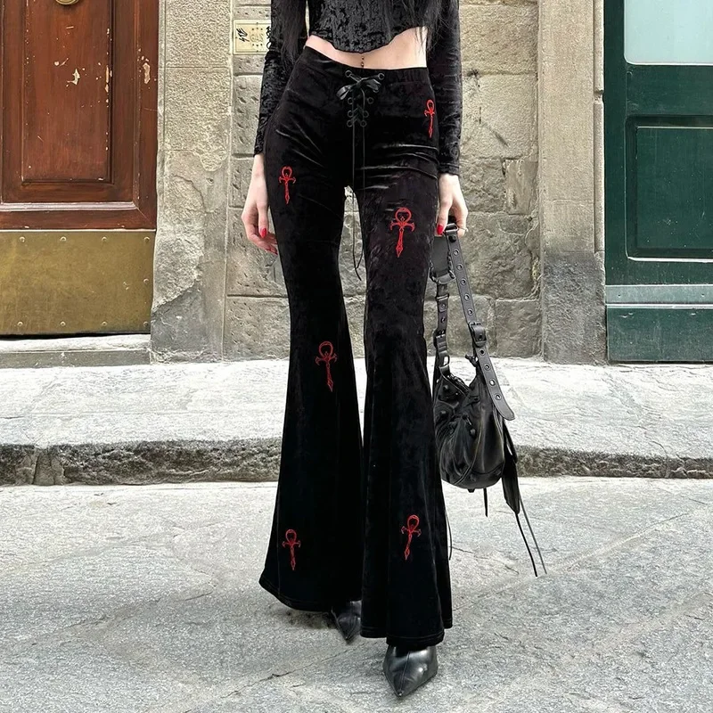 Velvet High Waist Flare Pants Harajuku Fashion Cross Embroidery Soft Long Pant Women Autumn Mall Gothic Slim Trousers