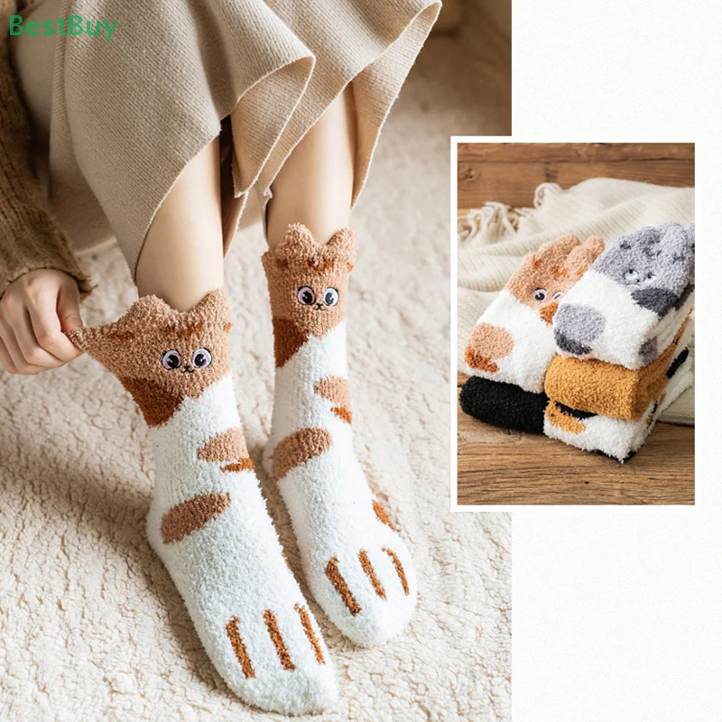 Women Lovely Plush Thickening Cashmere Socks Home Floor Socks Coral Fluffy Feet Warmer Animal Coral Velvet Warm Tube Socks