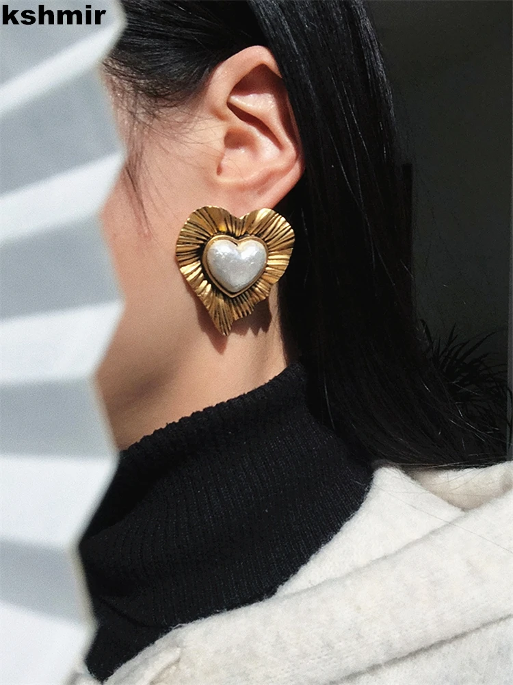 kshmir European and American retro  heart-shaped earrings exaggerated small designer stud heart-shaped earrings