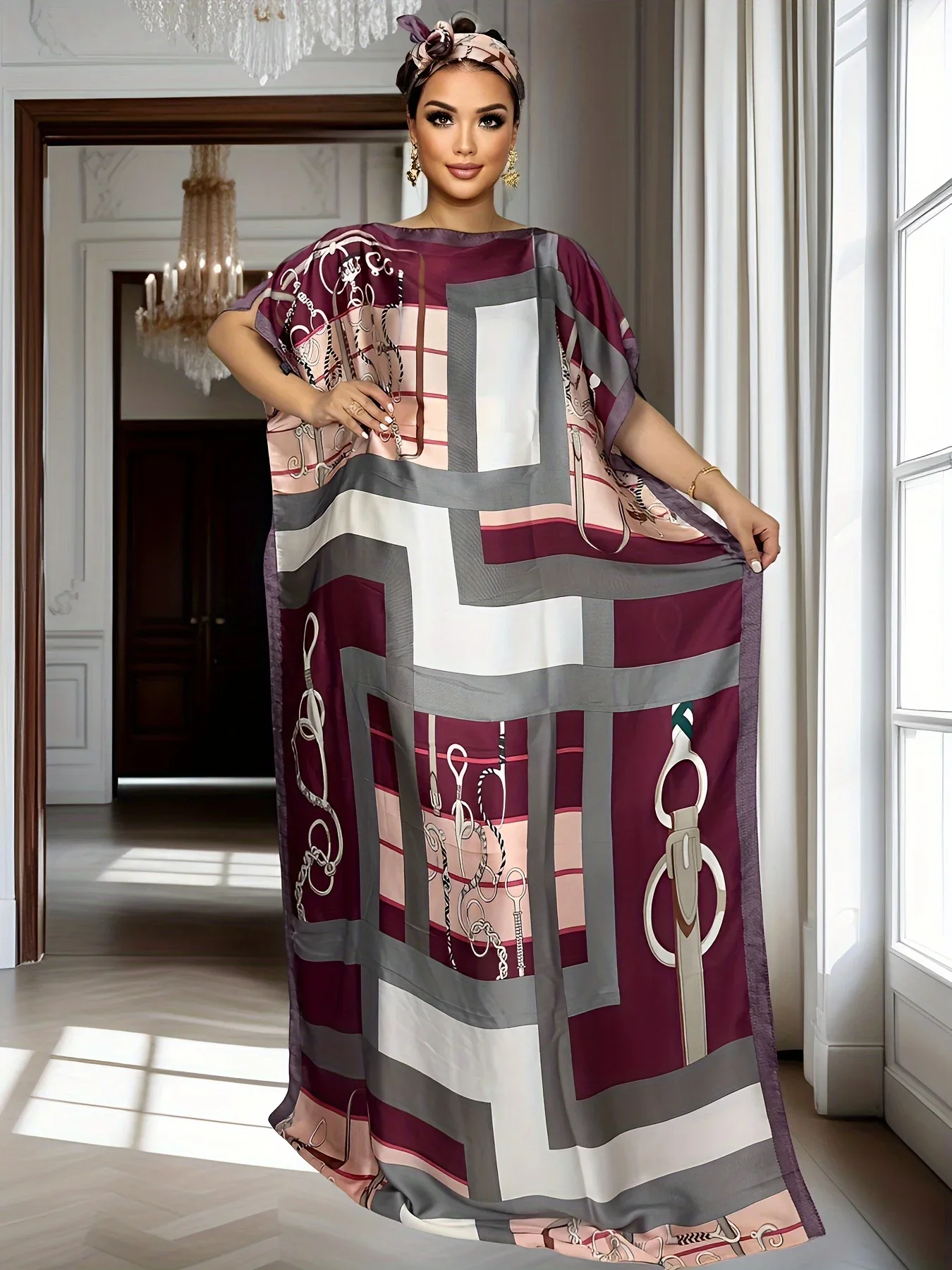 Robe de soirée à géométrie florale pour femmes, Style Vintage, Maxi, manches chauve-souris, longueur au sol, robe de soirée pour femmes