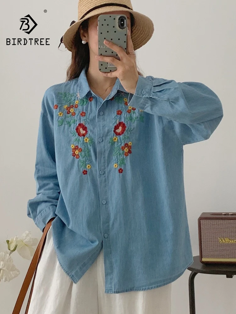 

New 2025 Autumn Long Sleeve Denim Shirt, Women Turn-down Collar Floral Embroidery, Mori Girl Retro Casual Loose Blouse T58454CC