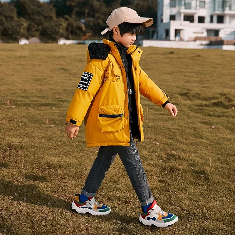 Kids Long Boys Loose Thick White Duck Down Black,Blue,Yellow Baby Coat, Children Hooded Padded Jacket Clothes Winter