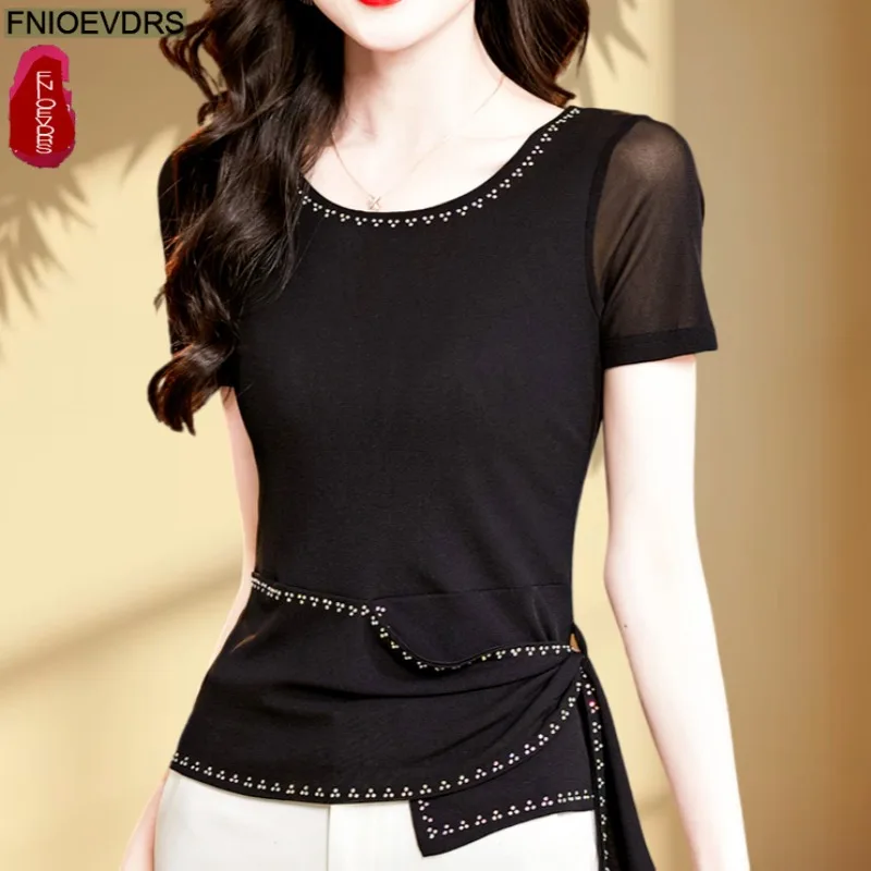 

Hot Sheer Mesh Peplum Tops Blouses Fashion Women Summer Short Sleeve Office Lady Slim Fitted Basics Shirts Bling Beaded Top