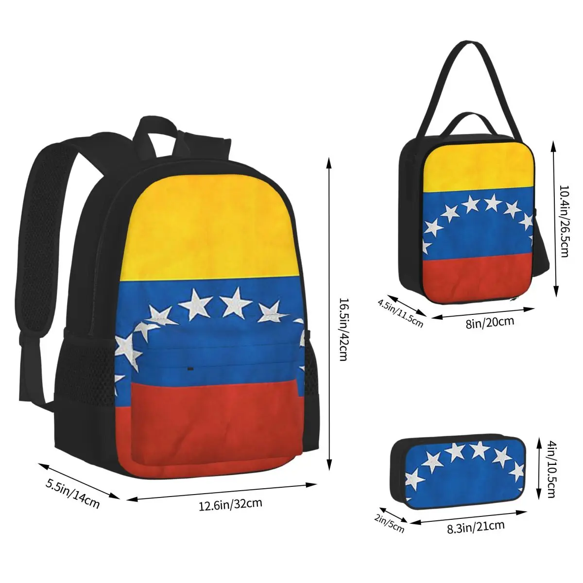 Venezuela Venezuelan Flag National Flag Of VenezuelaBackpacksStudents SchoolBags Kids Rucksack Lunch Bag Pen Bag Three-Piece Set
