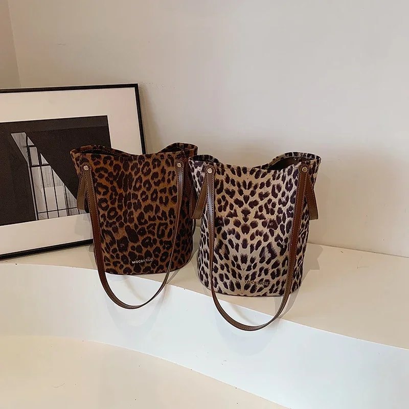 High End Fashion Versatile Leopard Print Bucket Bag for Women Trendy Niche Design Retro Shoulder Bag Tote Bag Женская Сумка