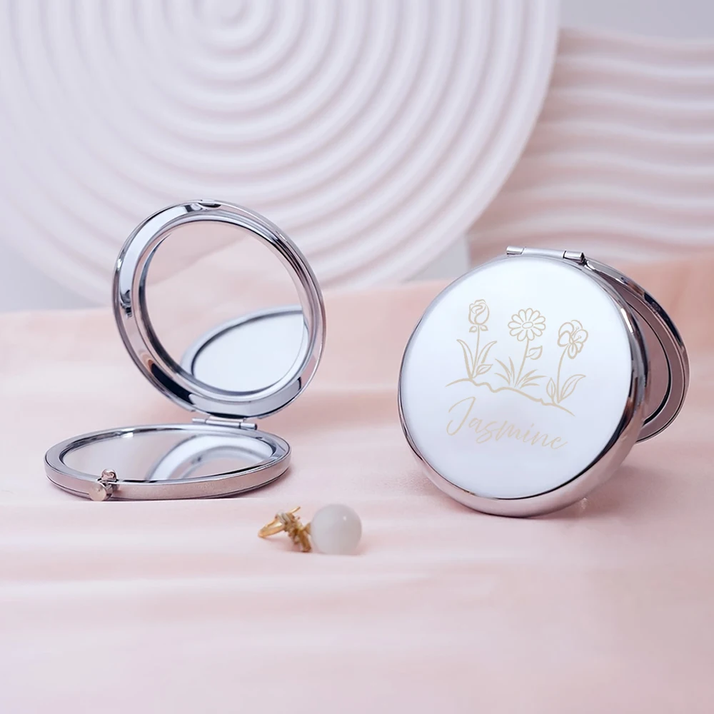 1 espejo de bolsillo dorado con nombre personalizado y flores románticas, espejo de maquillaje, regalo de cumpleaños