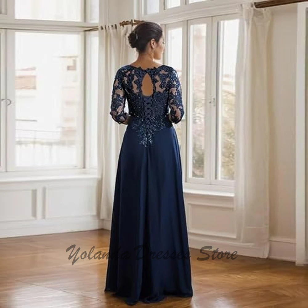 3/4 Sleeve Mother of The Bride Dresses for Wedding A Line Chiffon Lace V Neck Long Sequin Formal Evening Dress Appliques